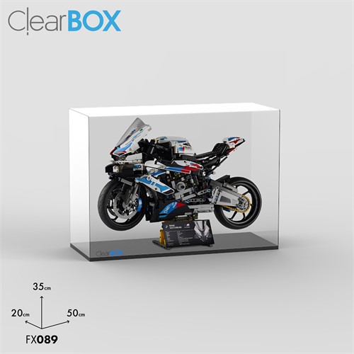 Teca ClearBox per set LEGO 42130 BMW M 1000 RR su supporto con targhetta